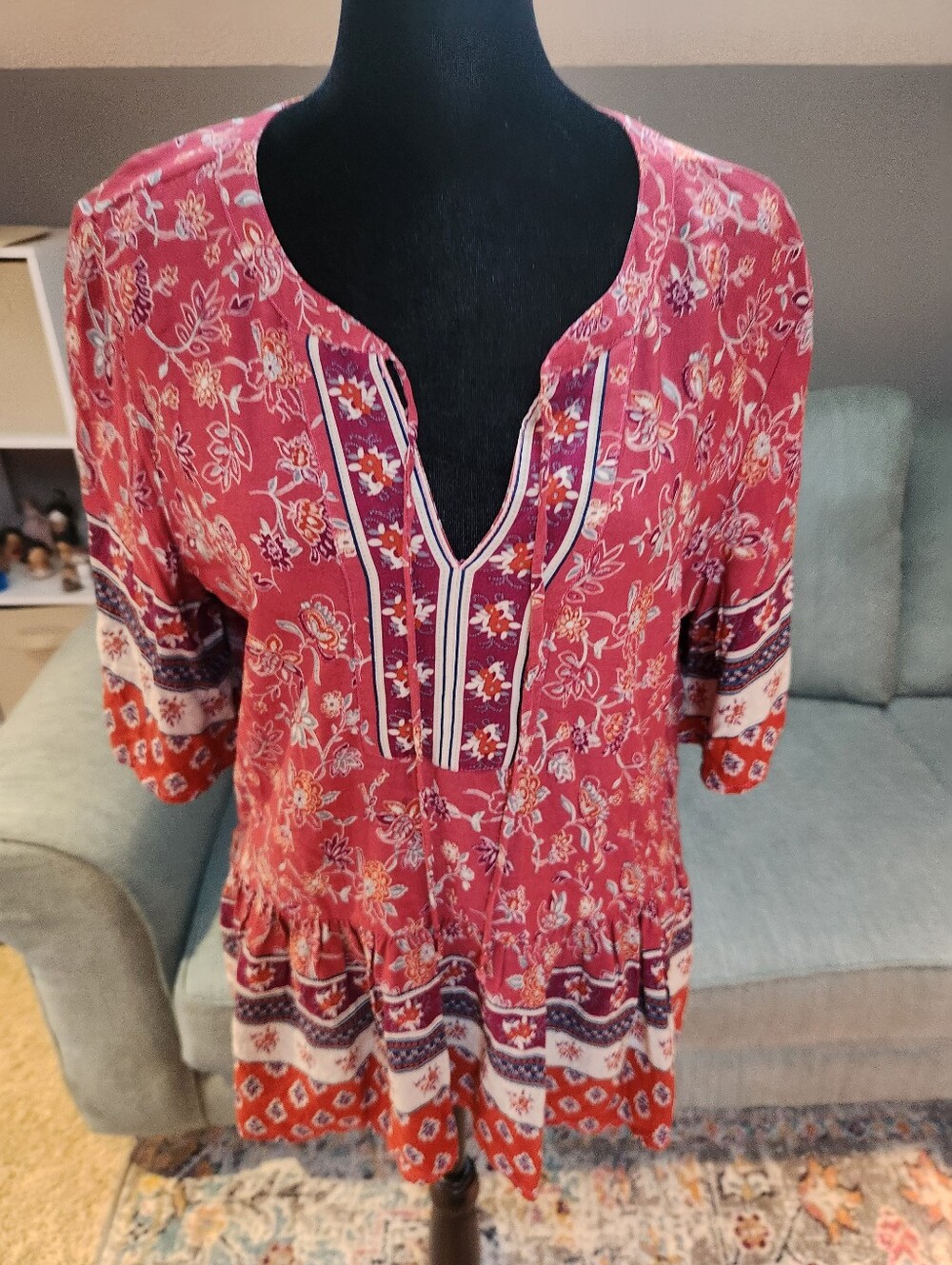 *Beachlunchlounge Pink & Red Floral Boho Blouse with Contrast Trim Large